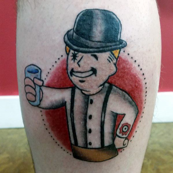 Vault Boy tattoo dressed as Alex from A Clockwork Orange, holding a drink with a red background and signature bowler hat.