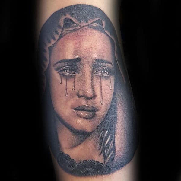 Gentleman With Virgin Mary Crying Arm Tattoo Design