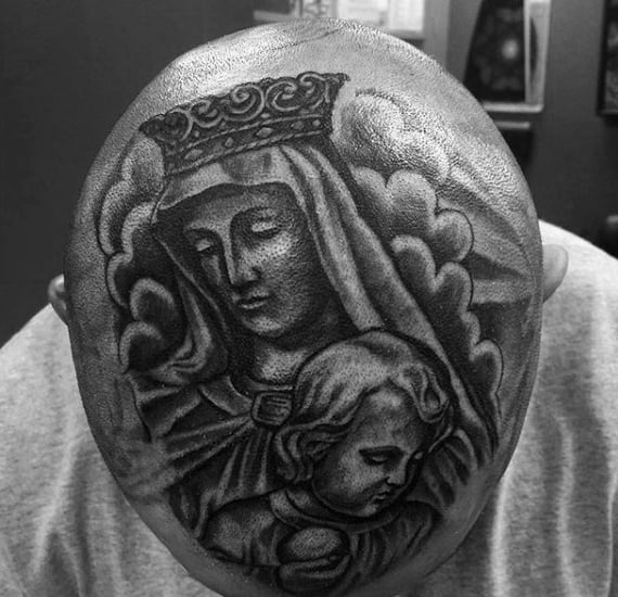 Gentleman With Virgin Mary Head Tattoo