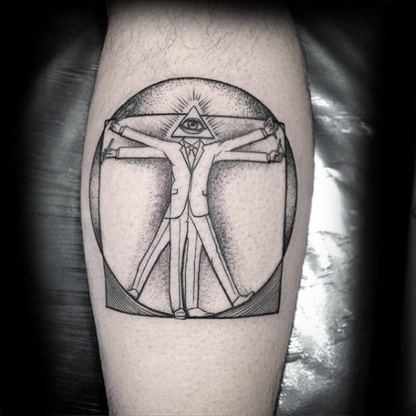 Gentleman With Vitruvian Man All Seeing Eye Shaded Leg Calf Tattoo