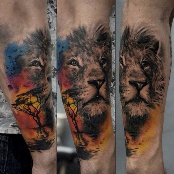 Gentleman With Watercolor Africa Lion Outer Forearm Tattoo