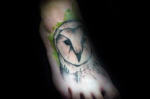 Gentleman With Watercolor Barn Owl Foot Tattoo