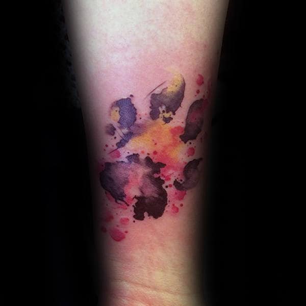 Gentleman With Watercolor Footprint Red And Orange Paw Tattoo