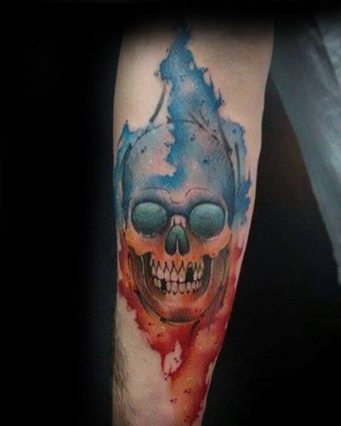 Gentleman With Watercolor Skull Tattoo On Forearm