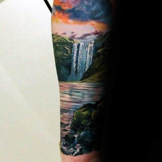 Gentleman With Waterfall Sunset Forearm Sleeve Tattoo