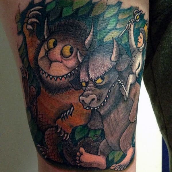 Gentleman With Where The Wild Things Are Thigh Tattoo