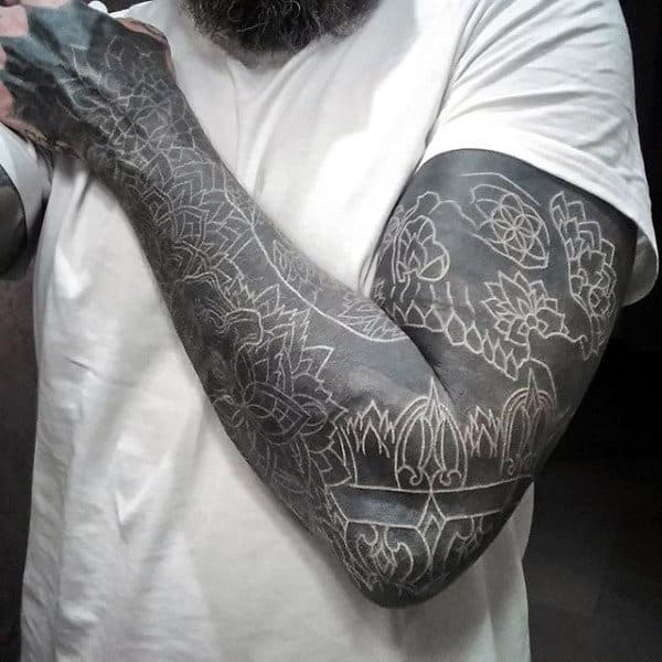 Gentleman With White Ink Over Blackwork Tattoo Sleeve
