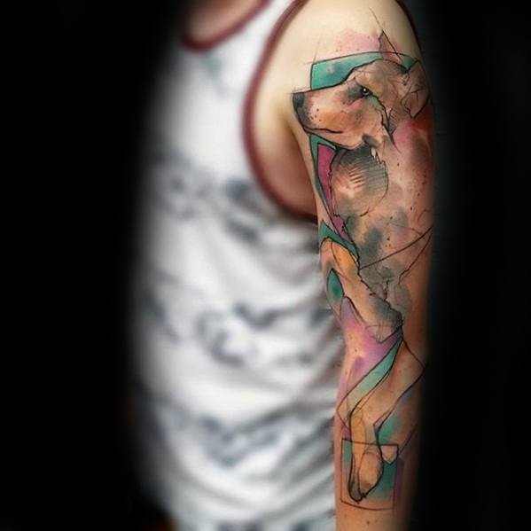 Abstract wolf sleeve tattoo with soft watercolor shades of teal and pink, sharp linework, and a geometric-meets-sketch style.