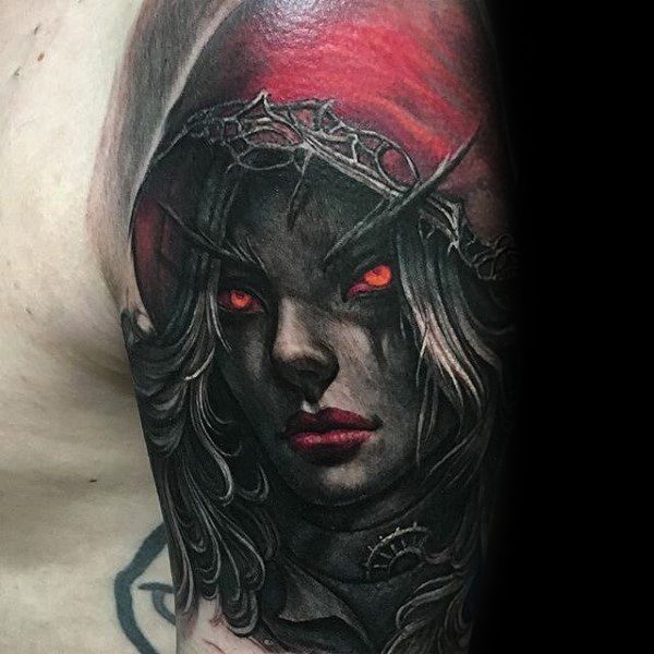 Realistic tattoo of Sylvanas Windrunner from World of Warcraft, featuring glowing red eyes, a red hood, and intricate armor, inked on the upper arm.