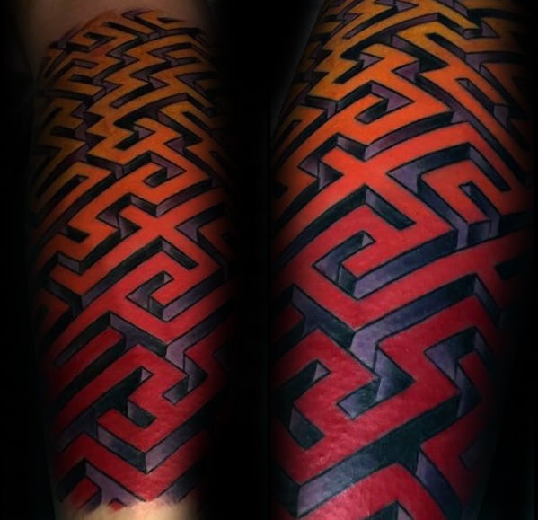 Gentleman With Yellow Orange And Red Ink Forearm Sleeve 3d Maze Tattoo