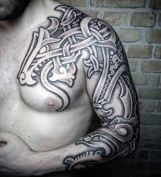 Gentlemans Chest And Arm Tribal Tattoos