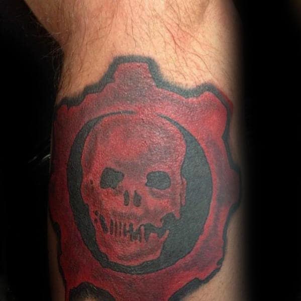 Gentlemen With Black And Red Gears Of War Tattoo On Side Of Leg