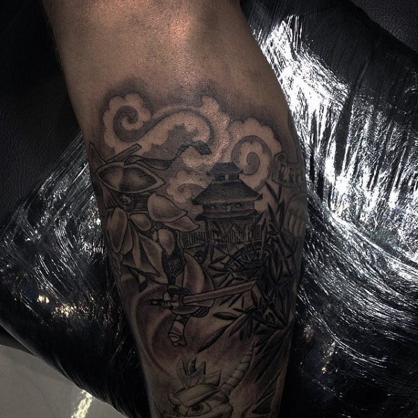 Gentlemen With Black Ink Shaded Leg Ninja Tattoo