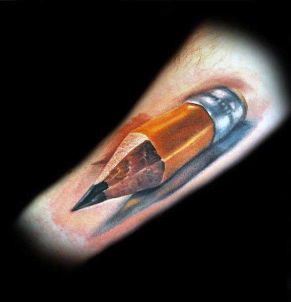 A mesmerizing 3D tattoo of a pencil on the forearm creates a strikingly realistic illusion