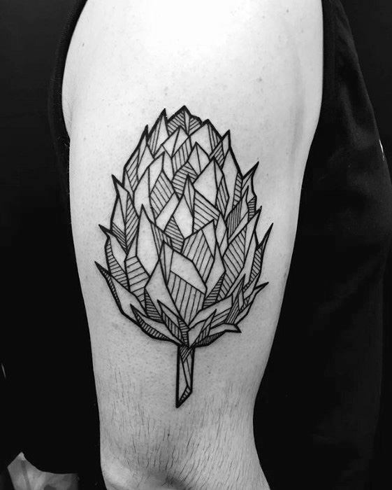 Geometric black line tattoo of a hop cone on the upper arm, featuring bold outlines and intricate patterns within each layered petal.