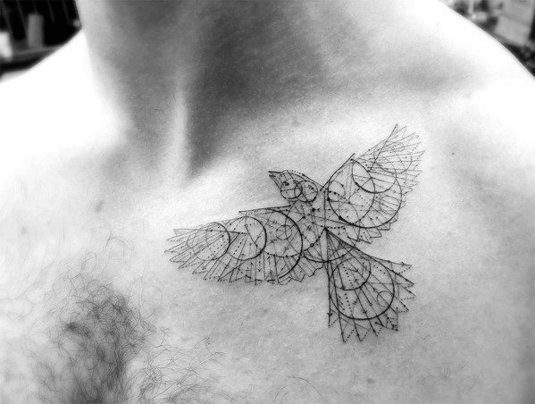 Minimalist geometric bird tattoo on the chest, featuring fine lines, circular patterns, and dotwork to create a delicate and airy design.