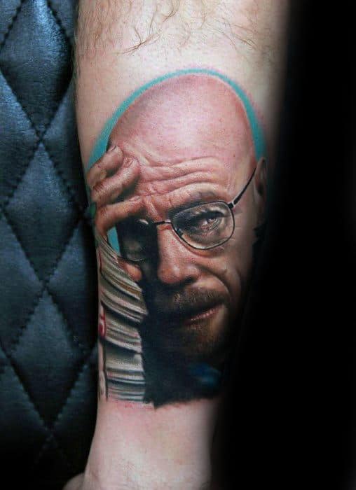 Realistic tattoo of Walter White from Breaking Bad, highlighting his intense gaze and iconic glasses