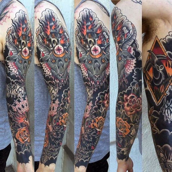Full sleeve tattoo featuring a burning gothic church with red stained glass windows, surrounded by demonic skulls, flames, roses, and dark clouds.