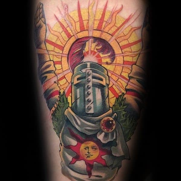 Vibrant tattoo of Solaire of Astora praising a radiant sunburst, featuring his iconic sun emblem and detailed armor design.