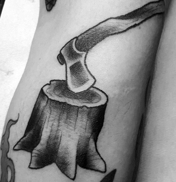 Gentlemens Forearm Axe With Tree Strump Filler Tattoo Ideas