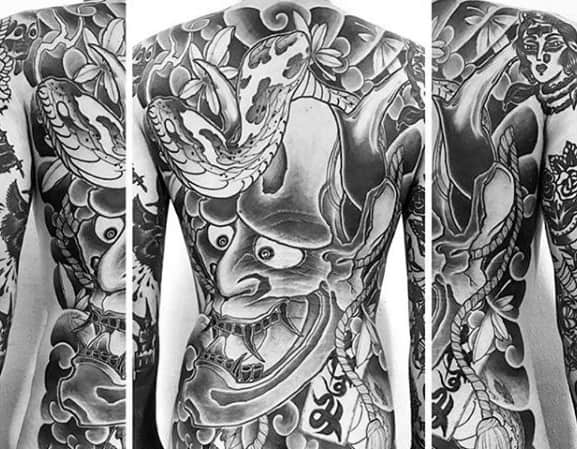 Gentlemens Full Back Demon Mask Shaded Japanese Snake Tattoo Ideas