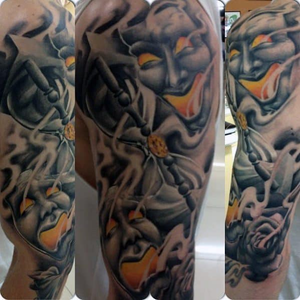 Gentlemens Glowing Orange Drama Mask Tattoo Ideas Half Sleeve