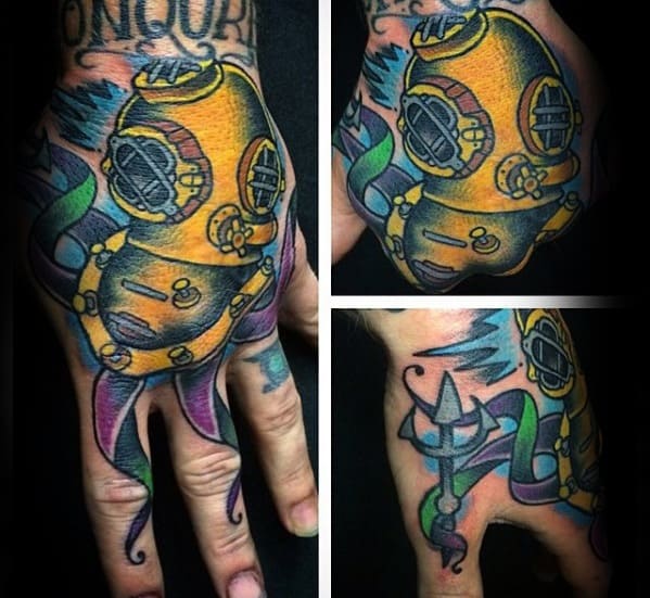 Gentlemens Hand Colorful Diving Helmet Tattoo Ideas