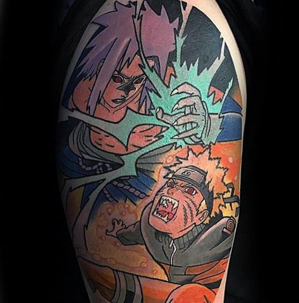 Anime-style tattoo with Naruto characters battling in vibrant energy blasts