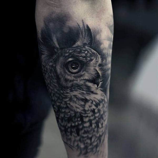 Gentlemens Owl Animal Tattoo With Shaded Black Ink On Forearm