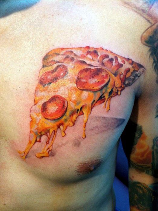 Gentlemens Realistic 3d Slice Of Pizza Tattoo Ideas On Upper Chest