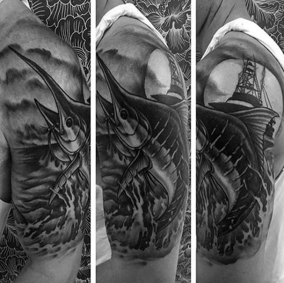Gentlemens Shaded Black And Grey Ink Half Sleeve Marlin Tattoo Ideas