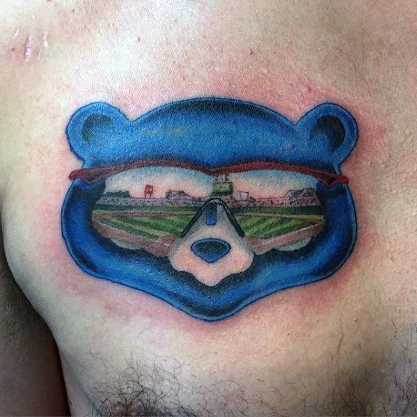 Gentlemens Upper Chest Bear Chicago Cubs Tattoo Ideas