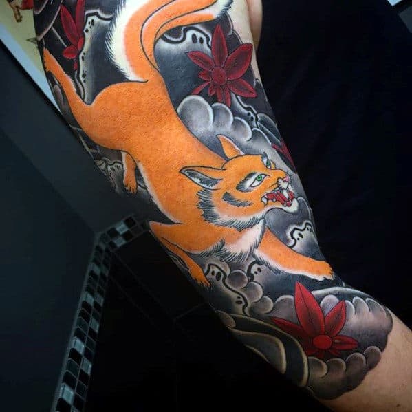 Gentlemn With Kitsune Half Sleeve Japanese Tattoo