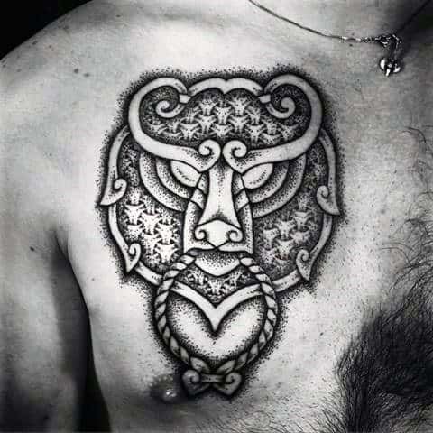 Geometic Celtic Bear Dotwork Mens Upper Chest Tattoos