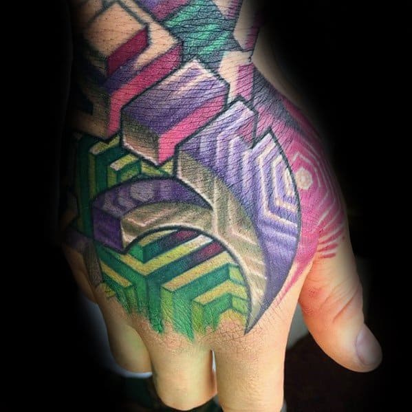 Geometric 3d Colorful Hand Guys Tattoos