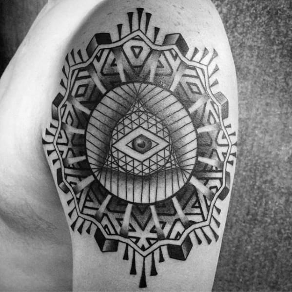 Geometric 3d Eye Of Providence Guys Pattern Arm Tattoo