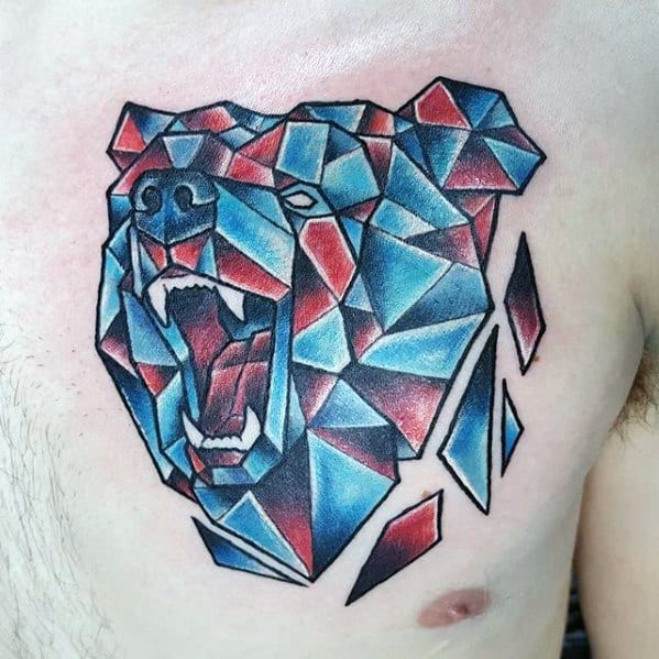 Colorful geometric bear tattoo on the chest with a roaring expression, designed in bold red, blue, and black angular shapes.