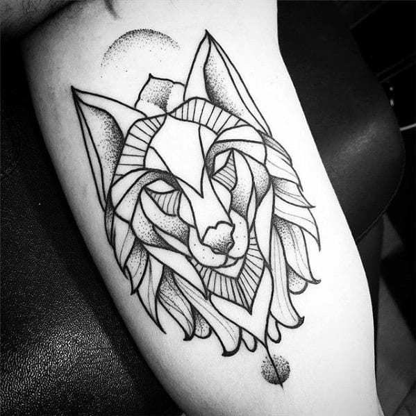 Geometric wolf tattoo with bold outlines and dotwork shading, featuring flowing lines and a crescent moon for a mystical, artistic look.