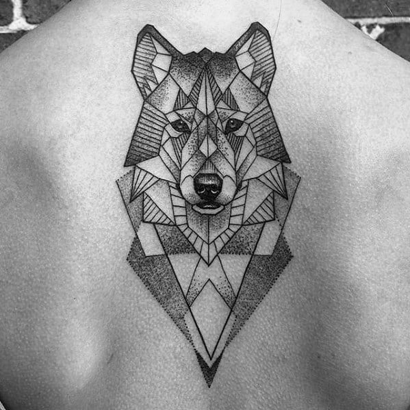 Geometric wolf tattoo on the upper back, featuring bold lines, dotwork shading, and symmetrical polygon shapes for a fierce modern design.