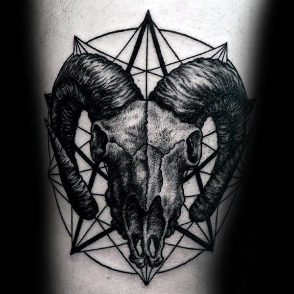 Geometric Aries Male Skull Of Ram Tattoo On Arm