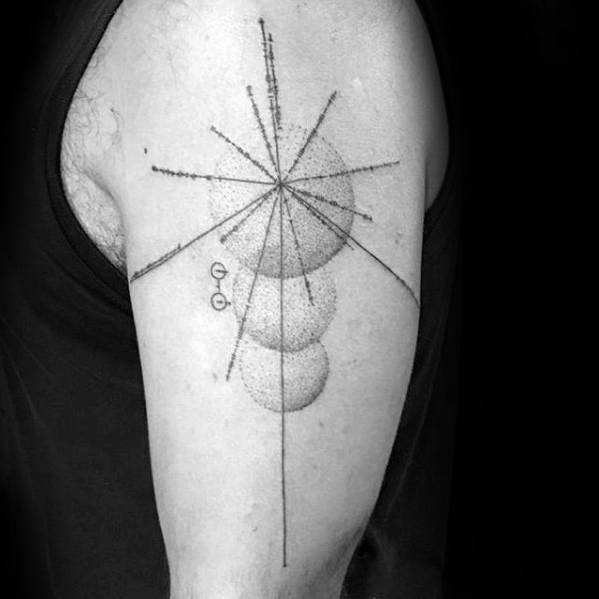 Abstract geometric tattoo featuring circles, lines, and a pulsar map on a person's upper arm