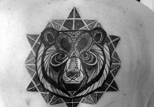 Geometric Bear Dotwork Mens Upper Back Tattoos