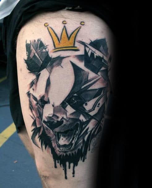 Geometric Bear With Color King Crown Guys Thigh Tattoo
