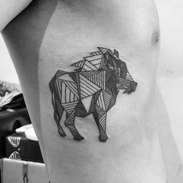 Geometric Boar Male Rib Cage Side Tattoos