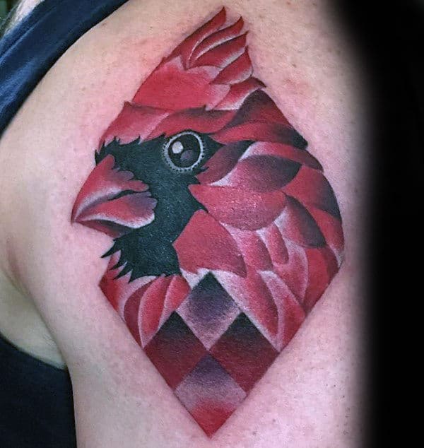Geometric Cardinal Mens Upper Arm Red Ink Tattoo Designs