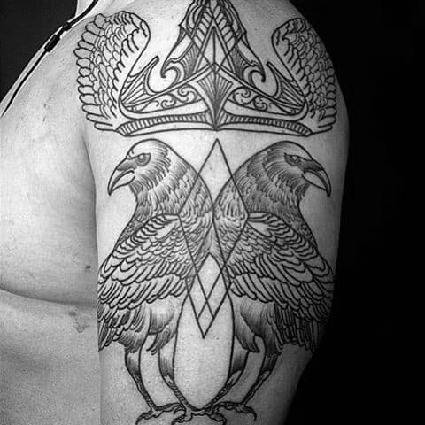 Geometric Crown Crows Tattoos For Men On Upper Arm