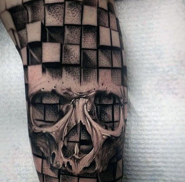 Geometric Cube Clock Shadd Mens Skull Sleeve Tattoo