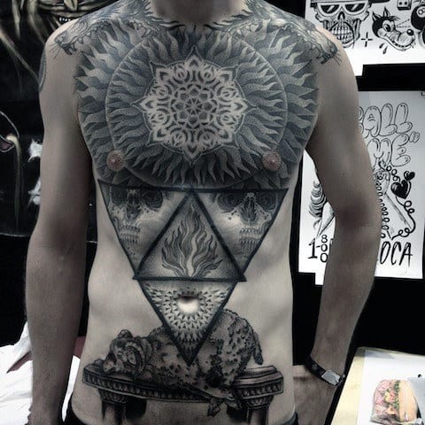 Geometric Detailed Mens Full Chest Pattern Tattoos