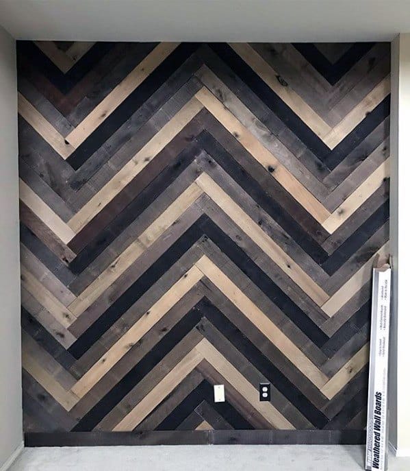 Chevron-patterned wooden accent wall with varying shades of brown and black in a modern interior space