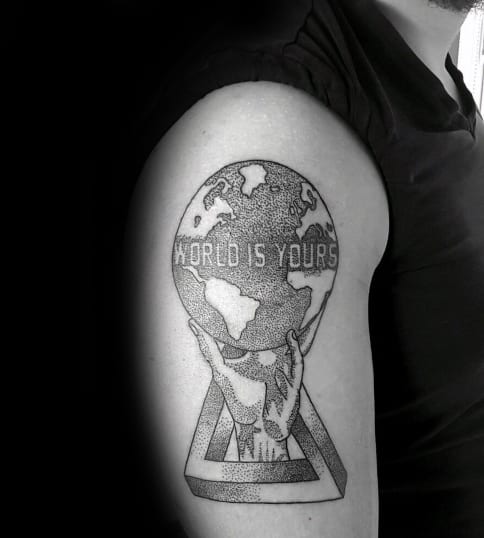 Geometric Dotwork Male The World Is Yours Upper Arm Tattoo